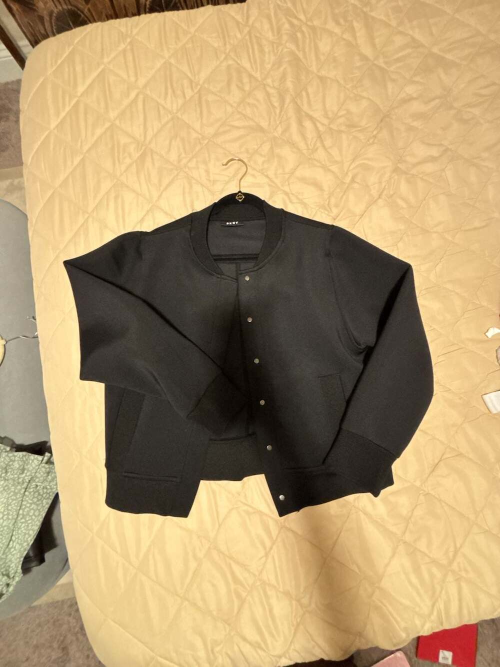 DKNY Black Scuba Knit Snap Front Bomber Jacket